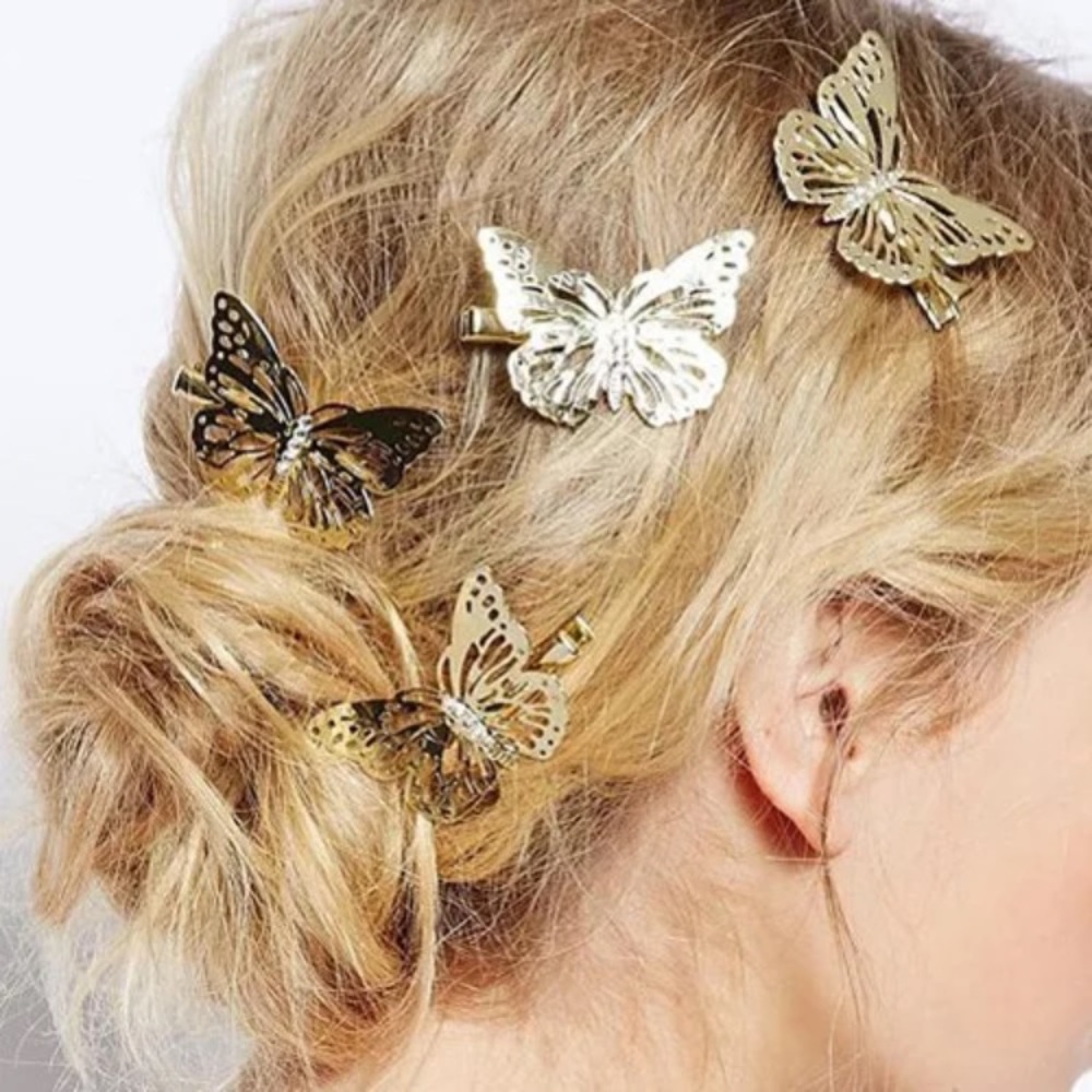 Romantic Gold Tone Butterfly Hair Clips Set of 4